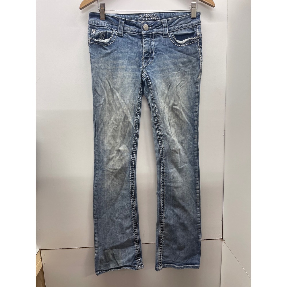 Paisley Sky Y2K 00's low rise Bootcut Jeans Embroidered Rhinestone Pocket Sz 4